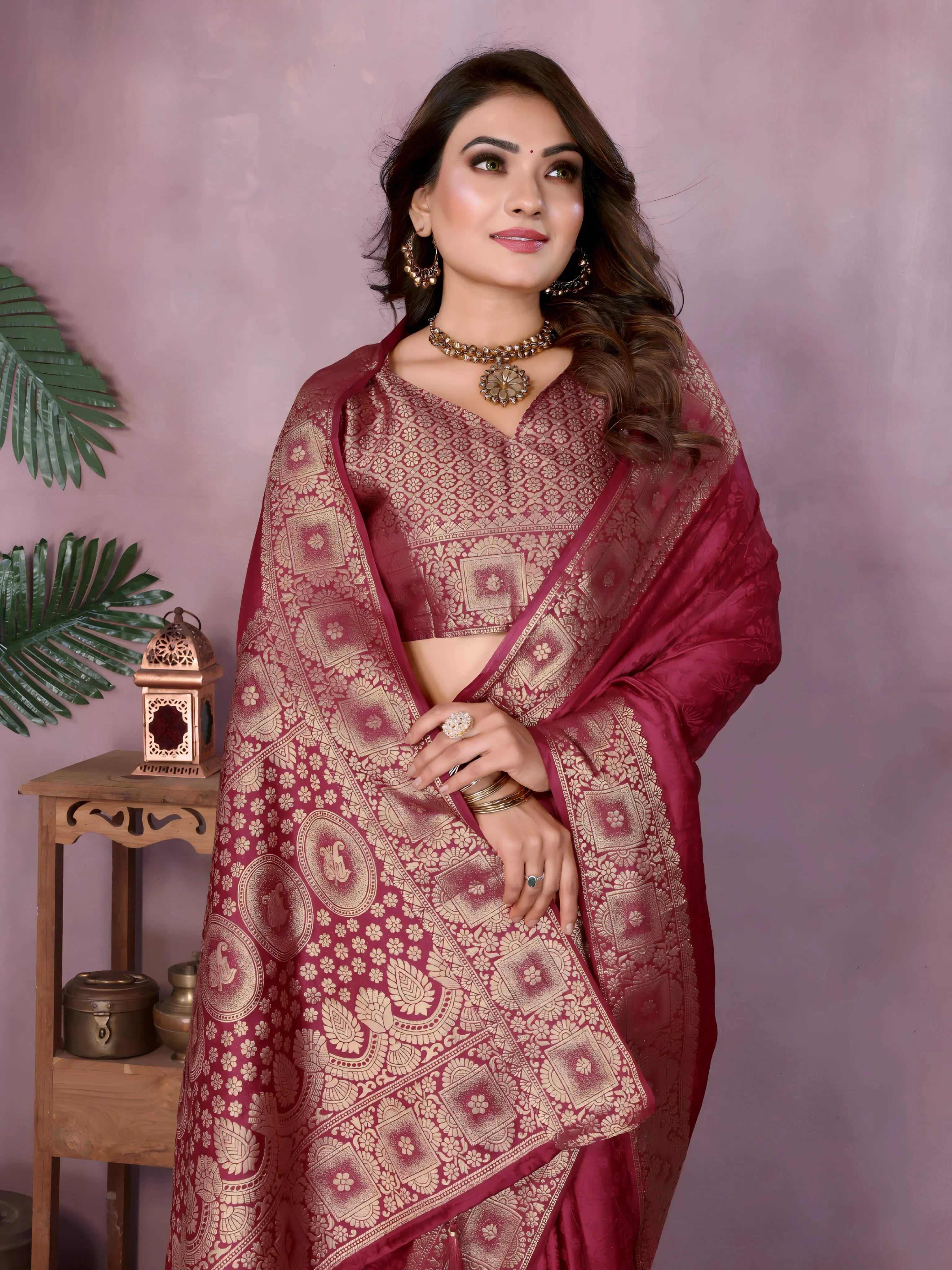Maroon Soft Satin Silk Zari Weaving Saree